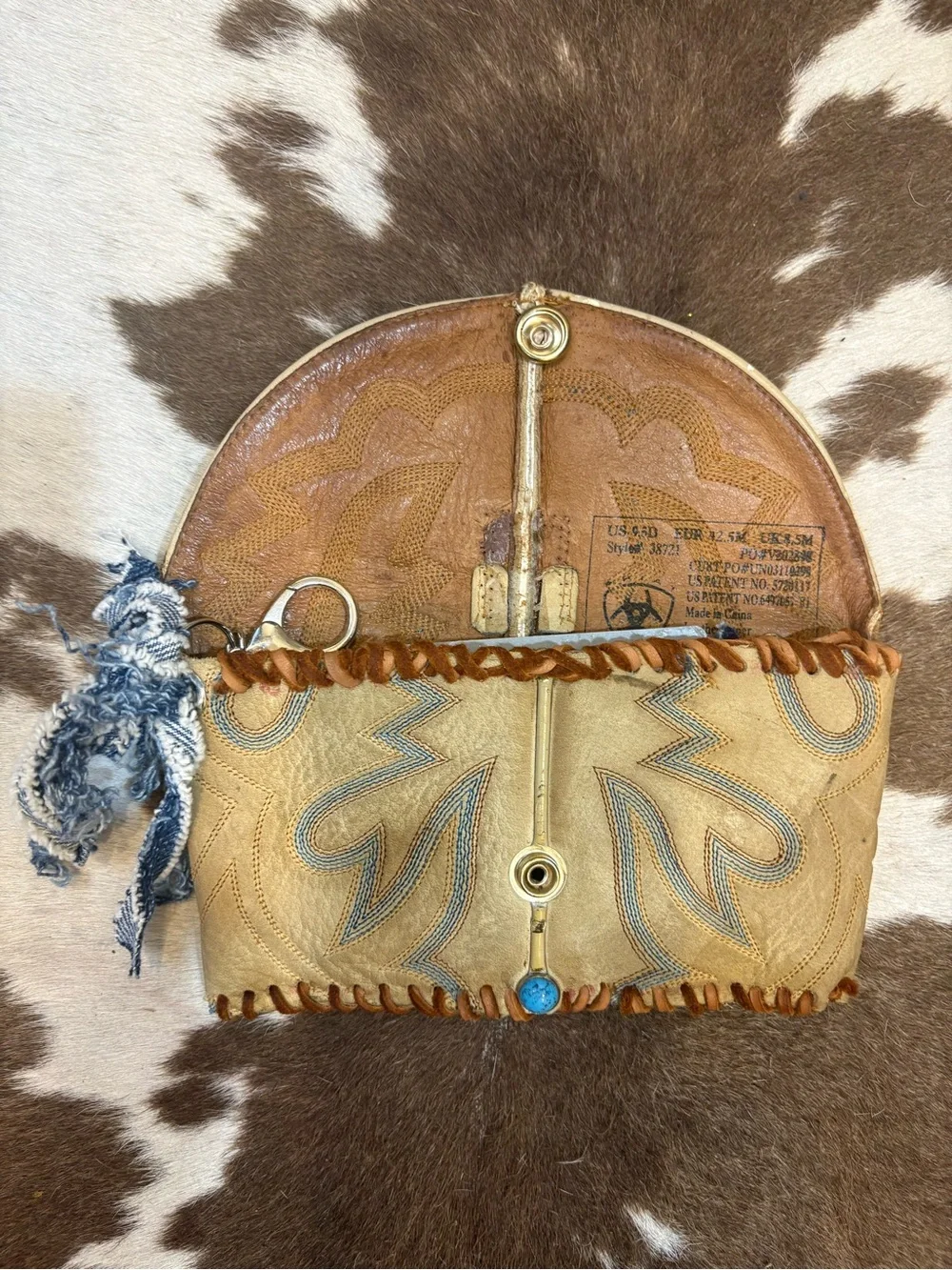 Vintage Tan Leather Western Clutch with Turquoise Accent